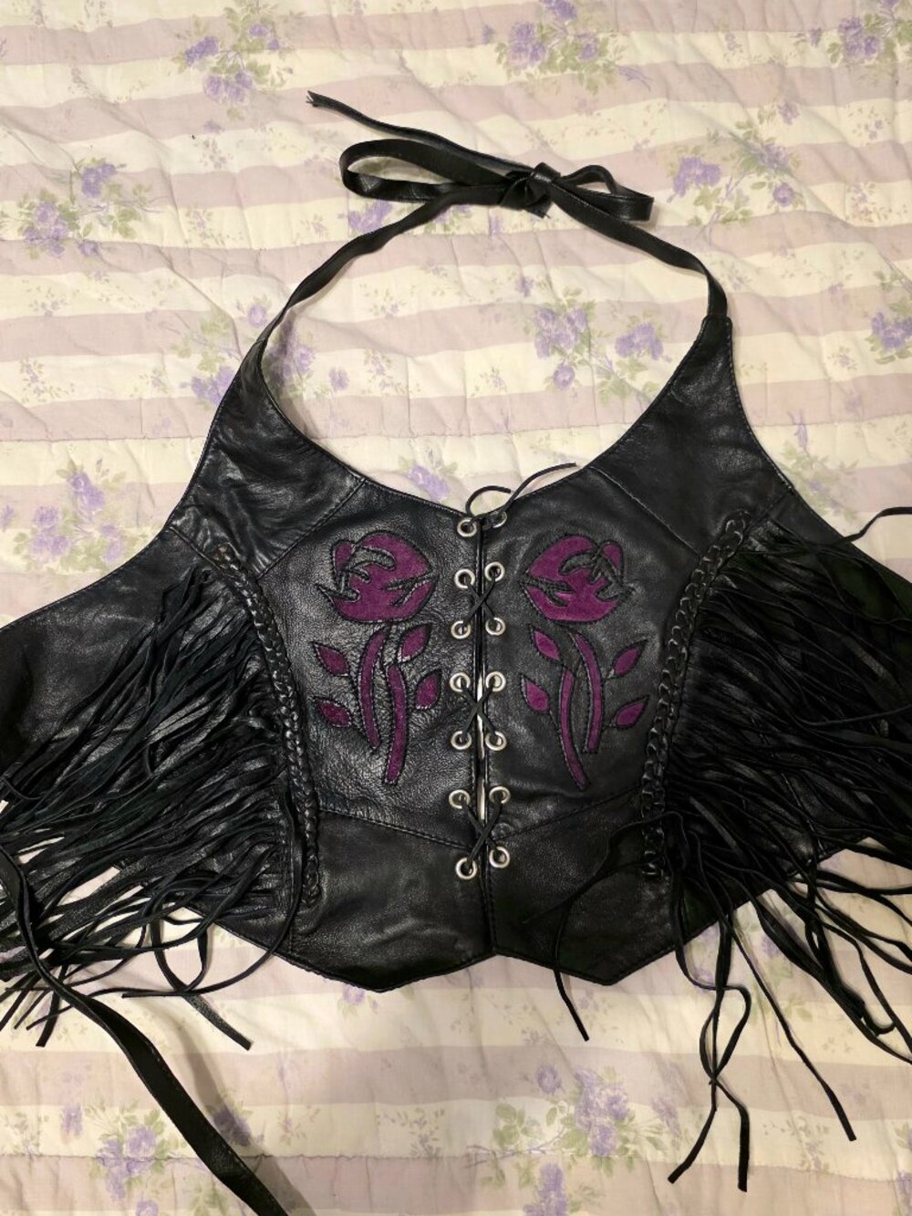 Women's Sheep Leather, Lace-up Biker Halter/Vest Top, Fringe, Purple suede rose
